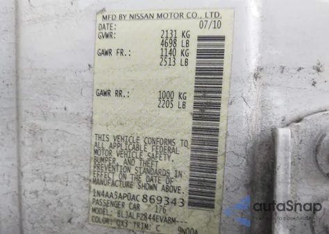 2010 Nissan Maxima S z USA, uszkodzony, nr VIN 1N4AA5AP0AC869343